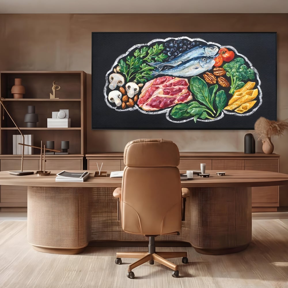 Tablou canvas cu pictura cu alimente variate pe fundal negru, in rama de aluminiu negru, pe perete intr-un birou